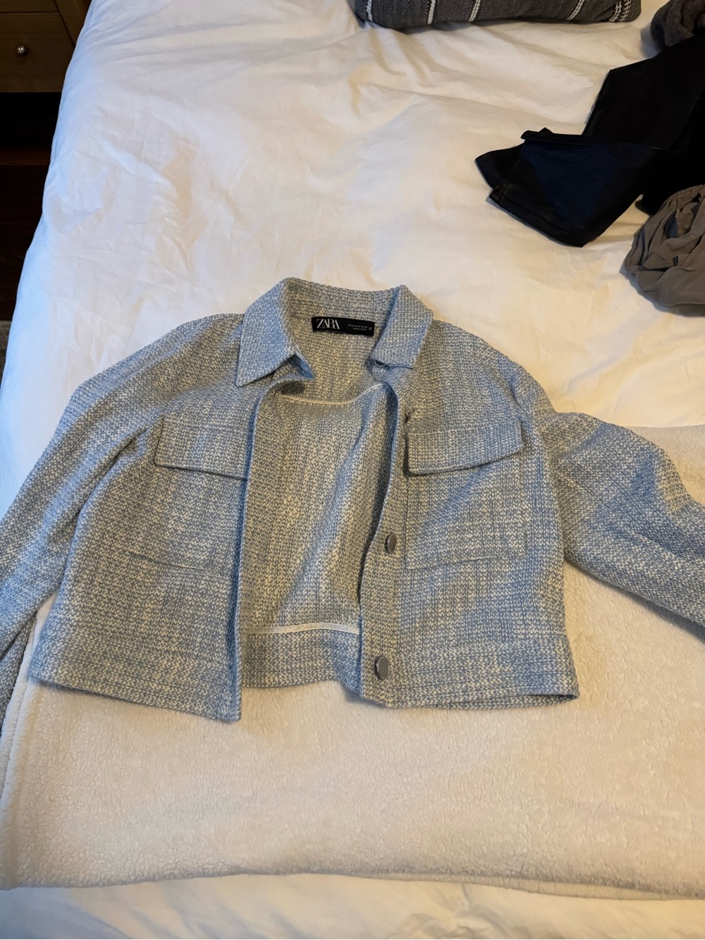 Zara Light Blue Tweed Cropped Blazer Jacket